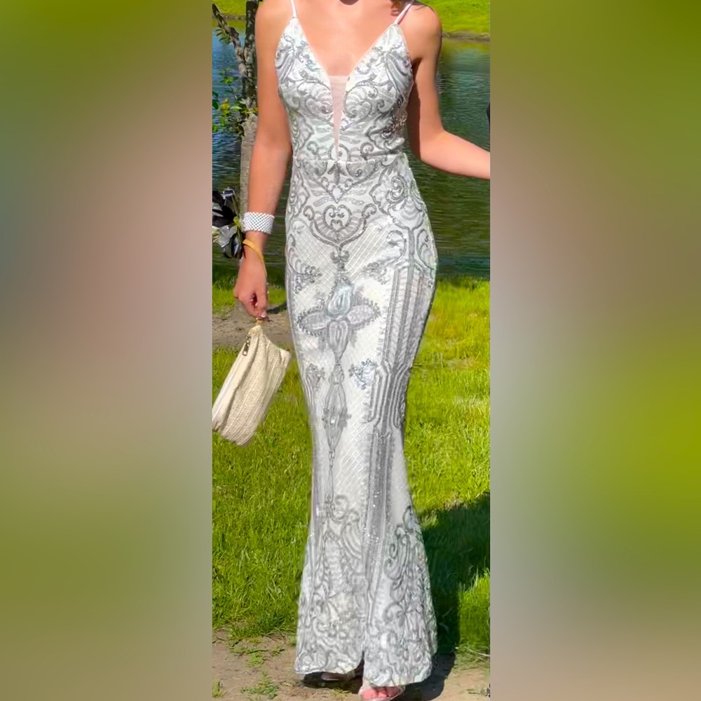 Gorgeous Nude, Off White with silver detail dress